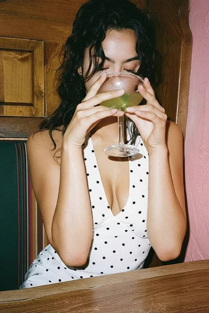 | White Polka Dot Halter V-Neck Maxi Dress