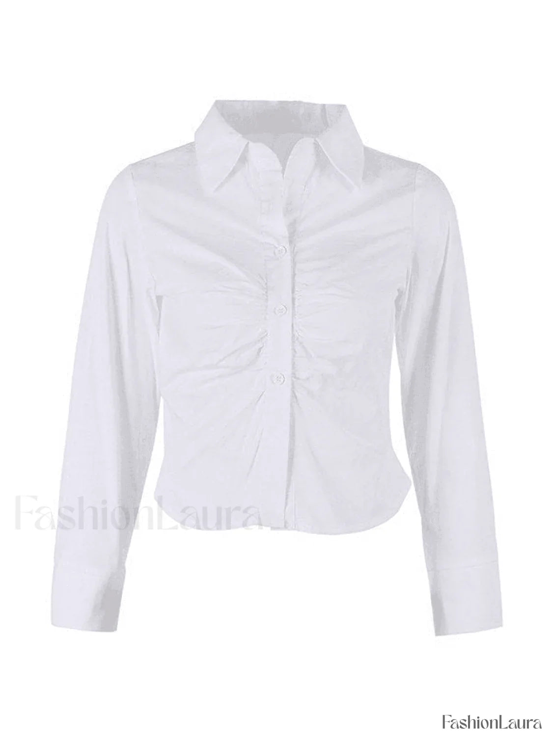 White Ruched Cropped Long Sleeve Blouse