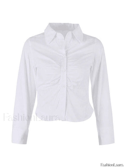 White Ruched Cropped Long Sleeve Blouse