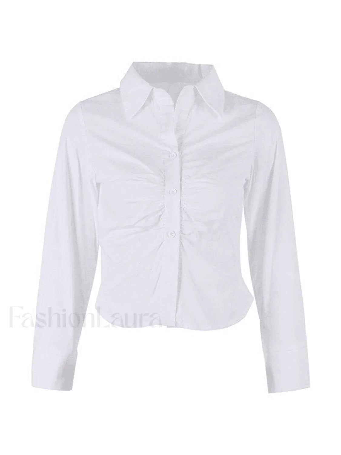 White Ruched Cropped Long Sleeve Blouse