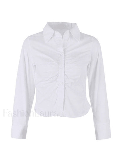 White Ruched Cropped Long Sleeve Blouse