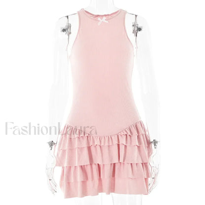 White Ruffles Summer Fashion Sleeveless Slim Tank 2024 Female O-neck Casual Outfits Mini Dress