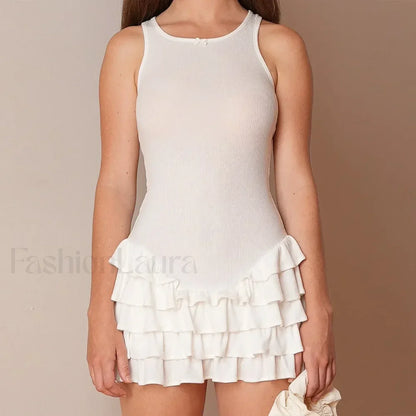 White Ruffles Summer Fashion Sleeveless Slim Tank 2024 Female O-neck Casual Outfits Mini Dress