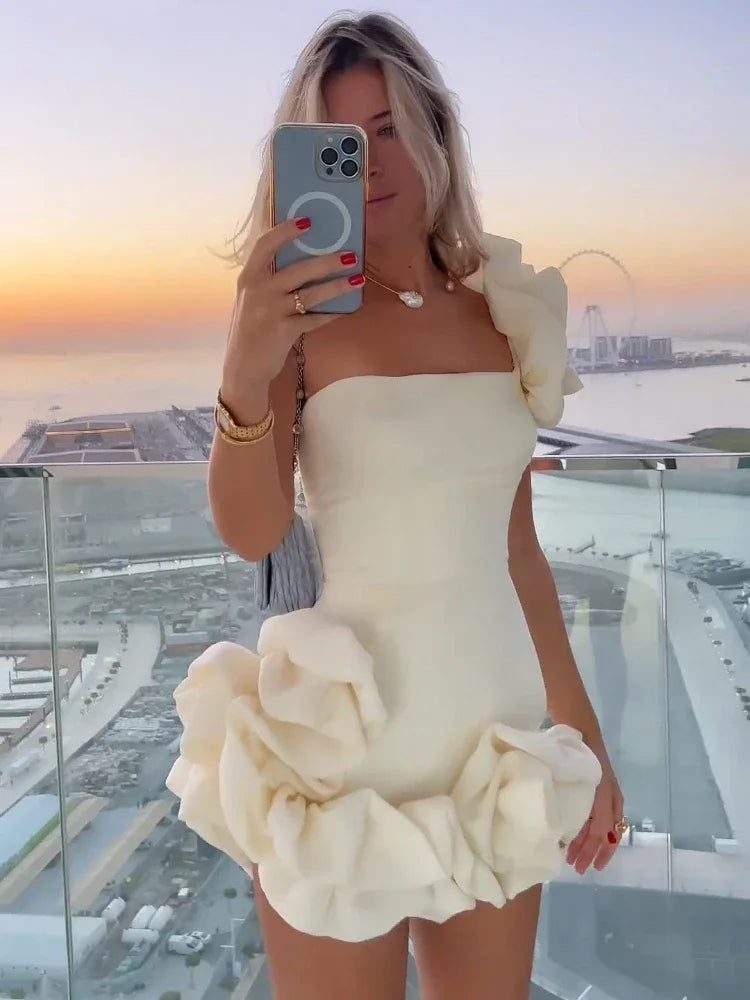 3D Rosette One-Shoulder Strapless Ruffled Floral Mini Dress