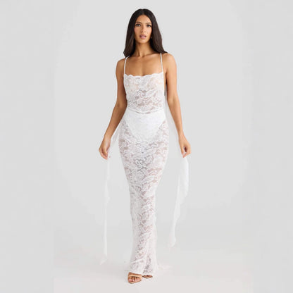 Backless lace maxi dress with ribbon straps for women