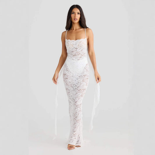 Backless lace maxi dress with ribbon straps for women