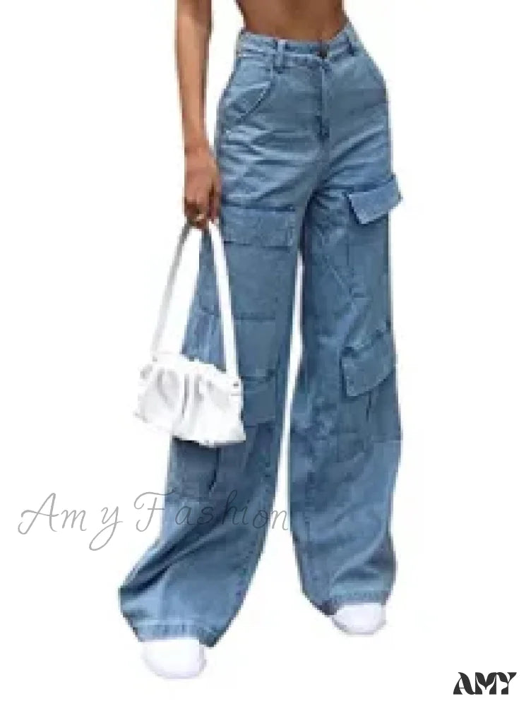 Wide Leg Cargo Denim Mid Waist Zipper Loose Slight Stretch High Street Solid Pockets Jean