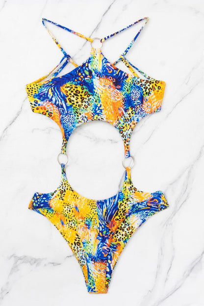 Wild Cheetah Printed V Neck O Ring Cutout Monochrome One Piece Swimsuit