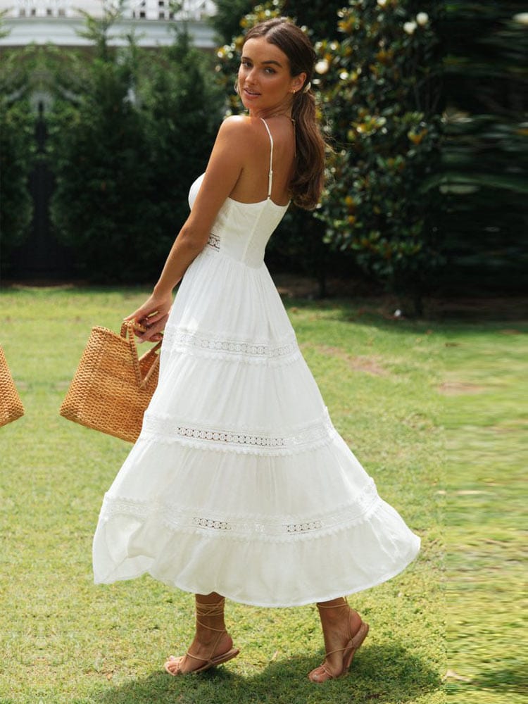 Crochet Trim Tie Front Empire Waist Tiered Spaghetti Strap Maxi Dress