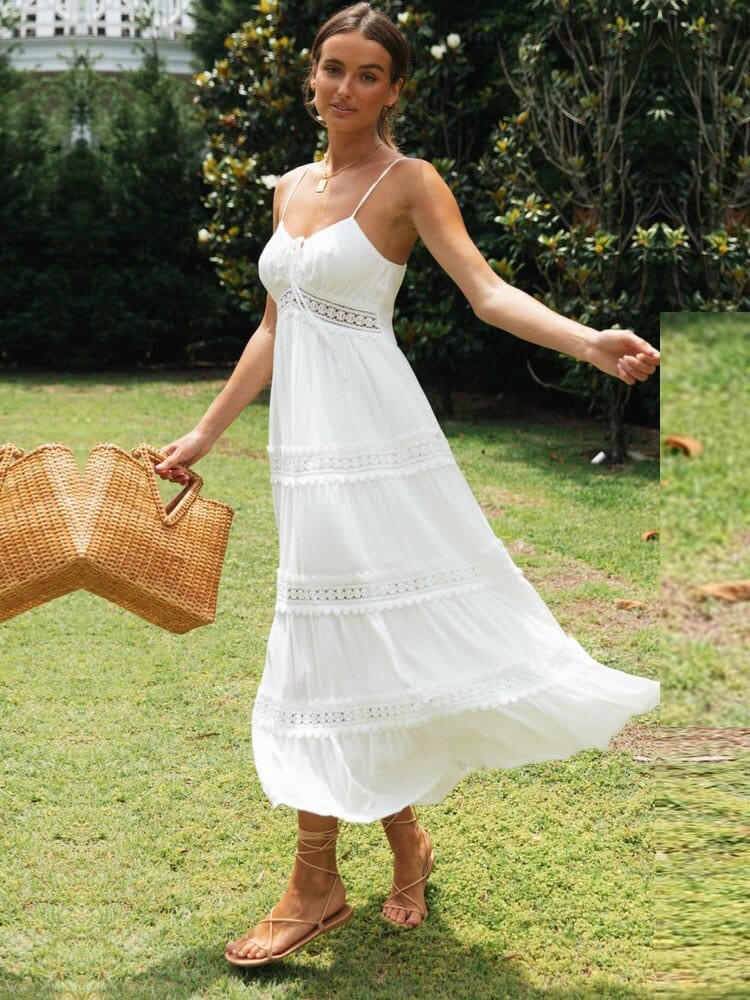 Crochet Trim Tie Front Empire Waist Tiered Spaghetti Strap Maxi Dress