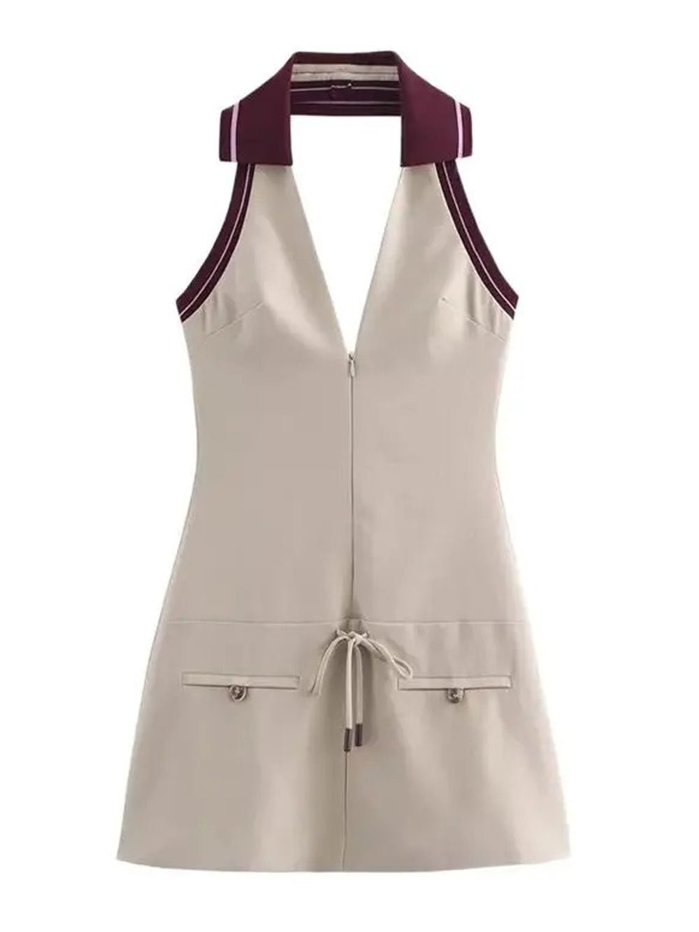 Halter Collar Zip Placket Drawstring Flap Pocket Mini Dress