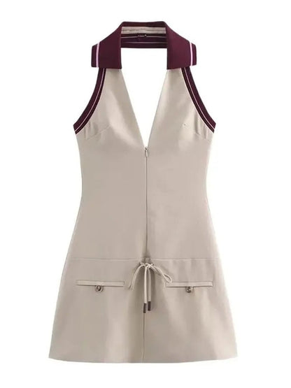 Halter Collar Zip Placket Drawstring Flap Pocket Mini Dress