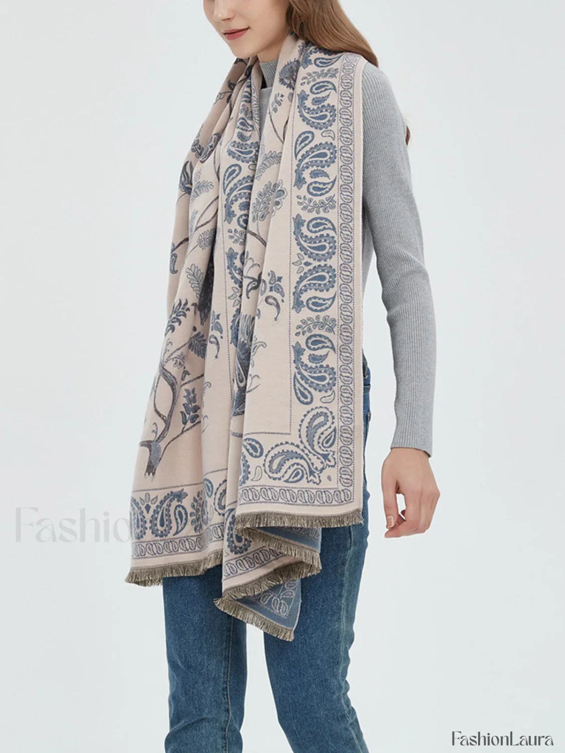 Winter Warm Toile Trendy De Jouy Tassel Scarf