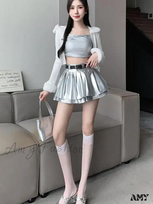 With Belt Pleated PU Leather Ball Gown High Waist Slim A-line Skirt