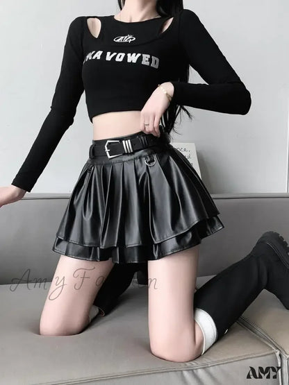 With Belt Pleated PU Leather Ball Gown High Waist Slim A-line Skirt