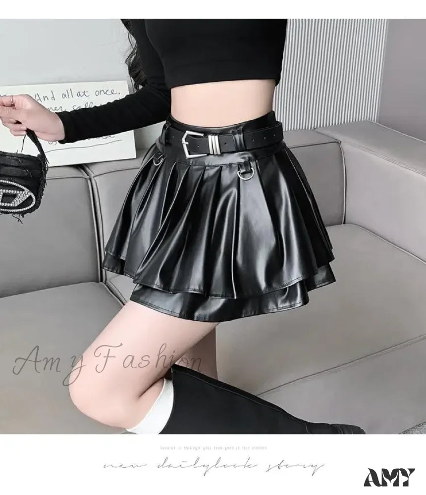 With Belt Pleated PU Leather Ball Gown High Waist Slim A-line Skirt