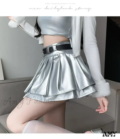 With Belt Pleated PU Leather Ball Gown High Waist Slim A-line Skirt