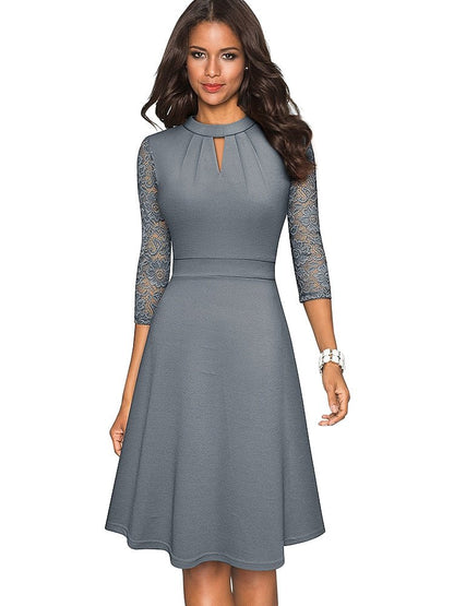 Keyhole Mock Neck Lace Sleeve Pleated Bodice A-Line Cocktail Dress