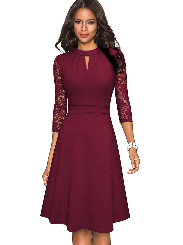 Keyhole Mock Neck Lace Sleeve Pleated Bodice A-Line Cocktail Dress