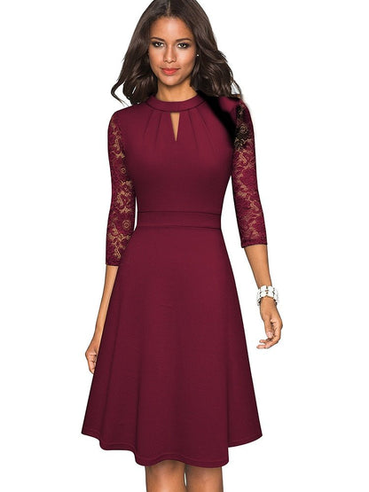 Keyhole Mock Neck Lace Sleeve Pleated Bodice A-Line Cocktail Dress