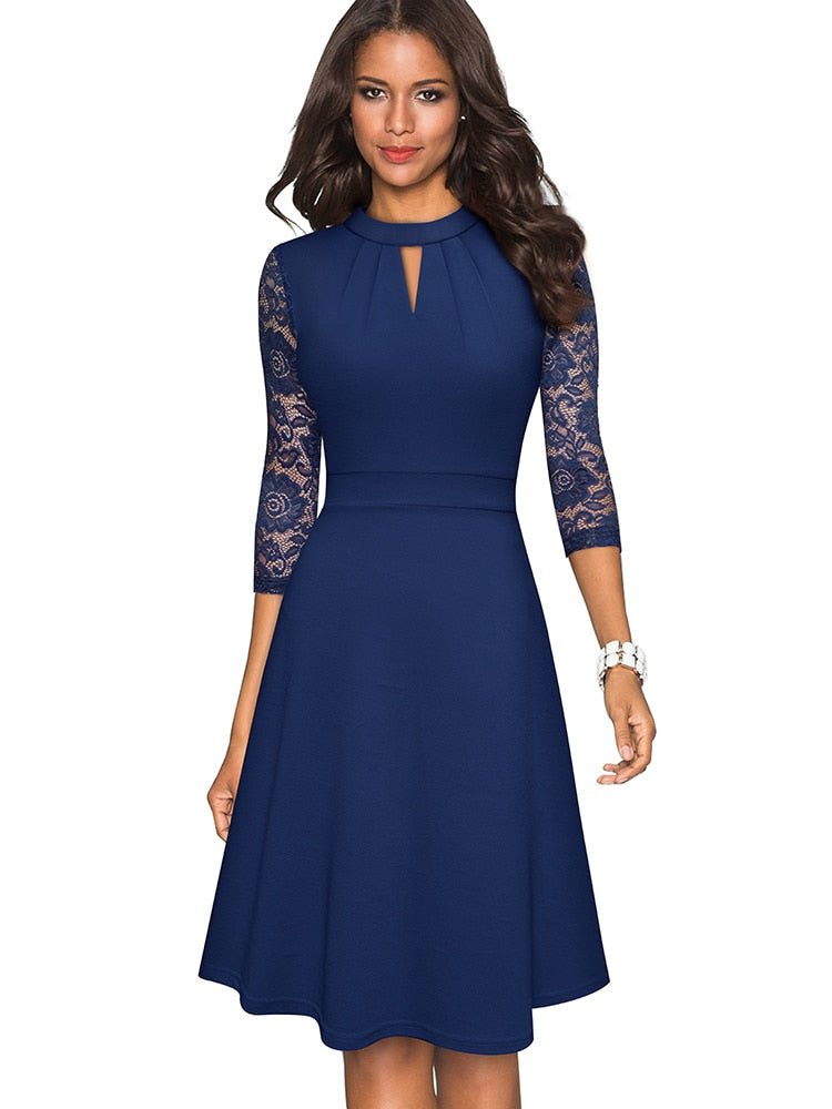 Keyhole Mock Neck Lace Sleeve Pleated Bodice A-Line Cocktail Dress