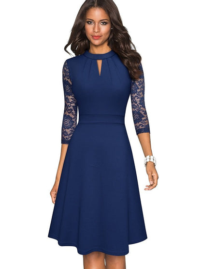 Keyhole Mock Neck Lace Sleeve Pleated Bodice A-Line Cocktail Dress