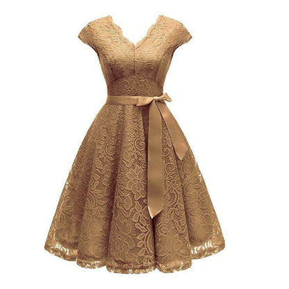 Floral Lace V-Neck Cap Sleeve Satin Sash Tie Fit-and-Flare Midi Dress