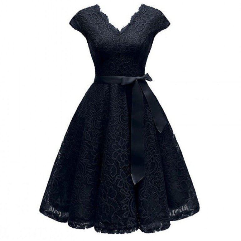Floral Lace V-Neck Cap Sleeve Satin Sash Tie Fit-and-Flare Midi Dress