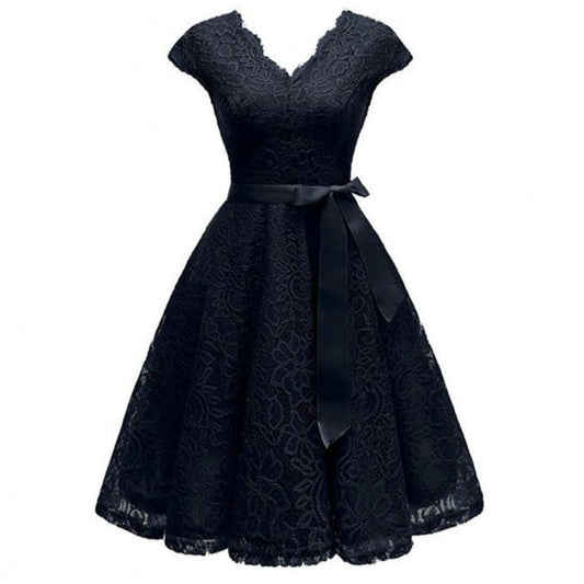 Floral Lace V-Neck Cap Sleeve Satin Sash Tie Fit-and-Flare Midi Dress