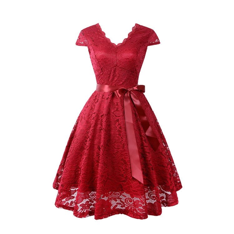 Floral Lace V-Neck Cap Sleeve Satin Sash Tie Fit-and-Flare Midi Dress