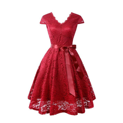 Floral Lace V-Neck Cap Sleeve Satin Sash Tie Fit-and-Flare Midi Dress