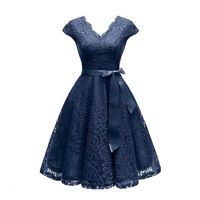 Floral Lace V-Neck Cap Sleeve Satin Sash Tie Fit-and-Flare Midi Dress