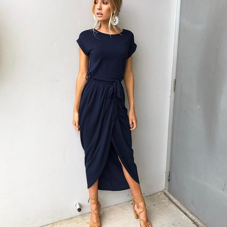 Round Neck Tie-Waist Faux-Wrap High Slit Short Sleeve Maxi Dress