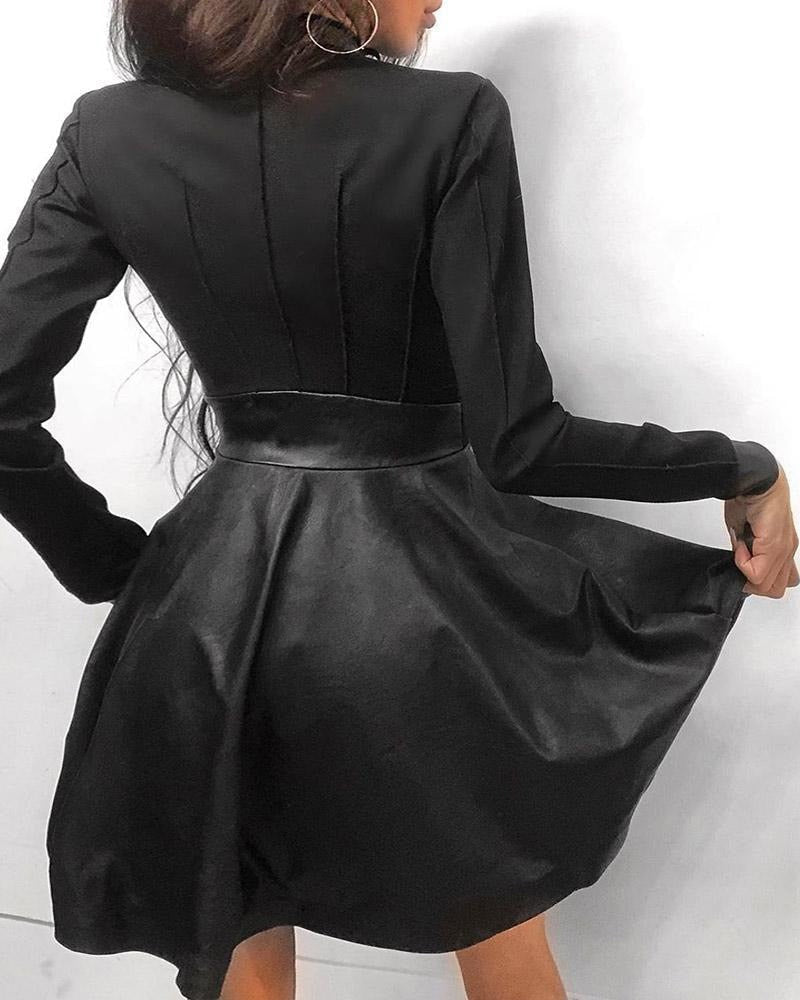 Faux Leather Trim Zip-Front Mandarin Collar Pocket Skater Mini Dress