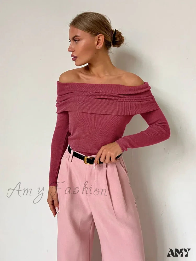 Wolfeel Women Knitted Wool T-shirt Slim Fit Long Sleeve Off Shoulder Sweater