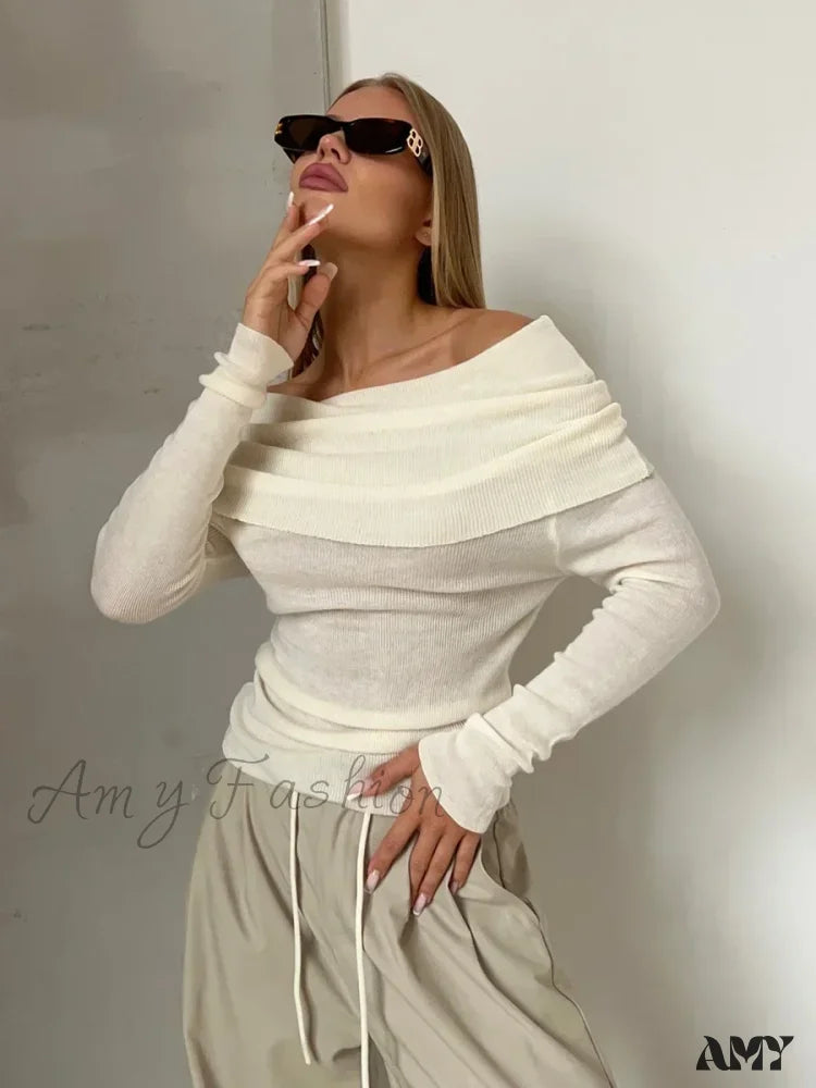 Wolfeel Women Knitted Wool T-shirt Slim Fit Long Sleeve Off Shoulder Sweater