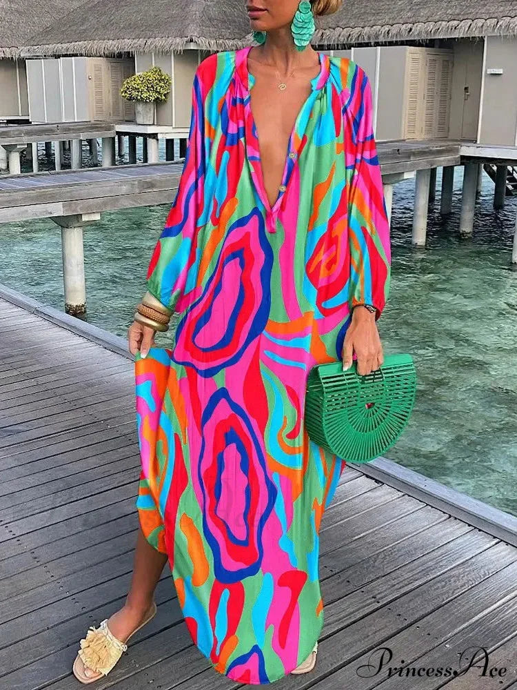 Boho Print Long Sleeve Maxi Dress