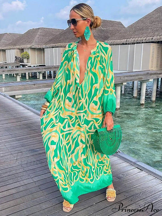 Boho Print Long Sleeve Maxi Dress