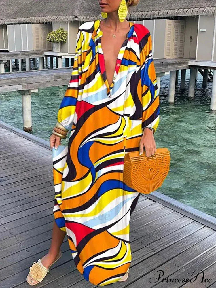 Boho Print Long Sleeve Maxi Dress