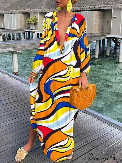 Boho Print Long Sleeve Maxi Dress