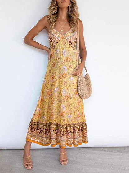 Deep V Neck Sling Floral Print Dress