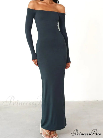 Women Elegant Slash Neck Off-shoulder Solid Color Slim Fit Fall Cocktail Party Female Vestidos