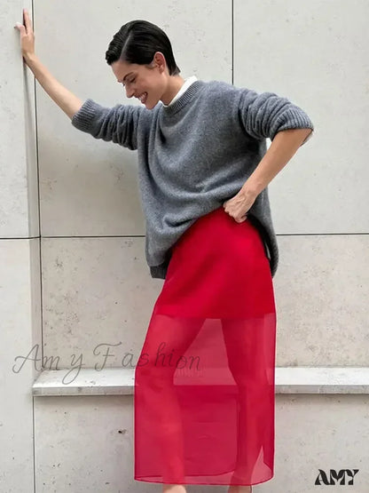 Women Fashion Gray Basic Knitted Casual O-neck Long Sleeve Loose Pullover Top 2024 Autumn Sweater