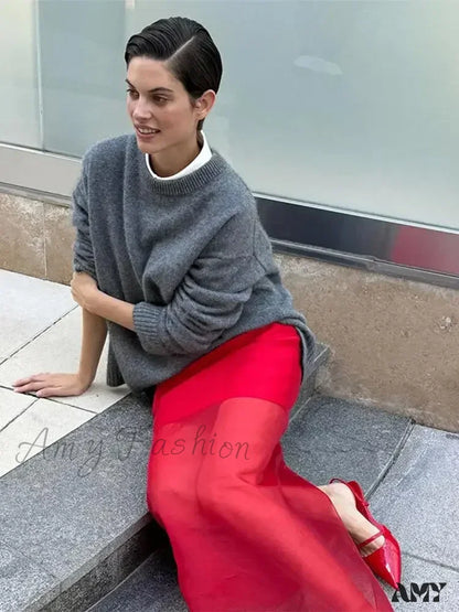 Women Fashion Gray Basic Knitted Casual O-neck Long Sleeve Loose Pullover Top 2024 Autumn Sweater