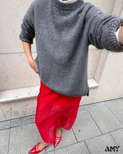 Women Fashion Gray Basic Knitted Casual O-neck Long Sleeve Loose Pullover Top 2024 Autumn Sweater