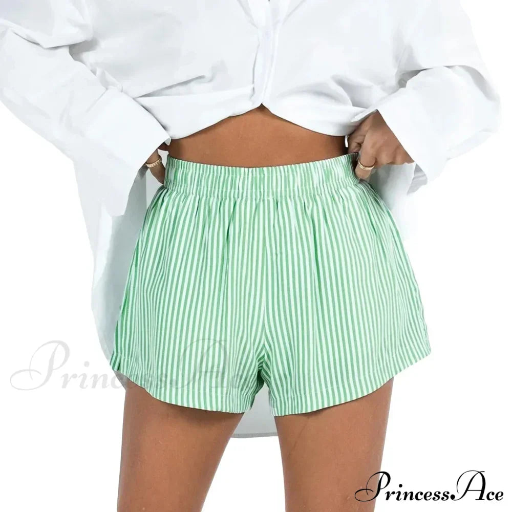 Women Gingham Boxer Striped Elastic High Waist Pajama Plaid Printed Button Lounge Short