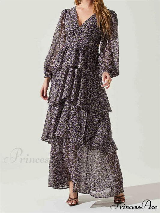 Women High Split Floral Print Puff Sleeve V Neck Layered Ruffles Hem Spring Fall Vestidos