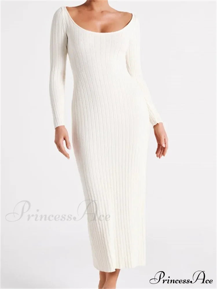 Women Knitted Bodycon Solid Color Ribbed Round Neck Sleeve Side Split Spring Fall Vestidos