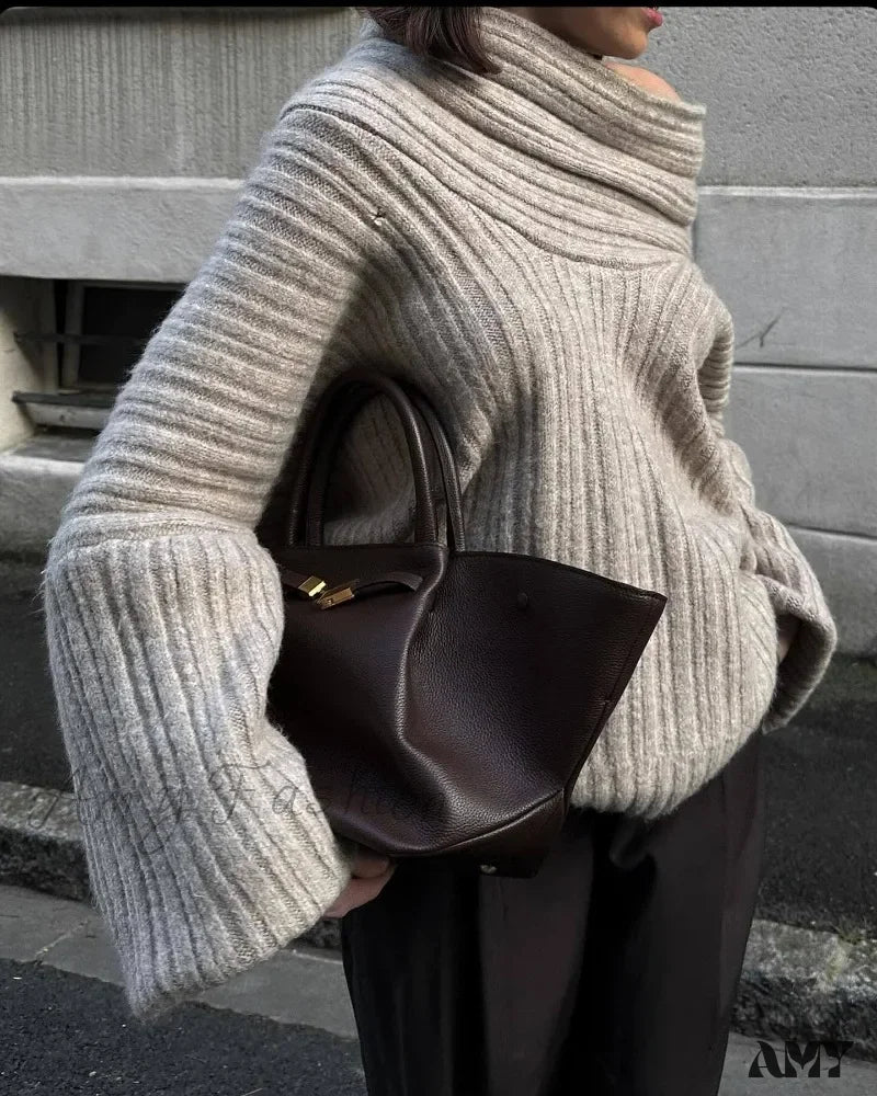 Women Knitted Pullovers 2024 Fall Winter Ribbed Off Shoulder Long Sleeve Loose Casual Oversized Streetwear Sweater