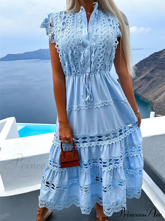 Women Lace Hollow Out Sleeve Front Buttons Up V-Neck Patchwork Loose Party Female Vestidos